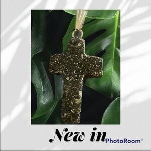 Handmade Natural gemstone cross necklace- black and silver speckle